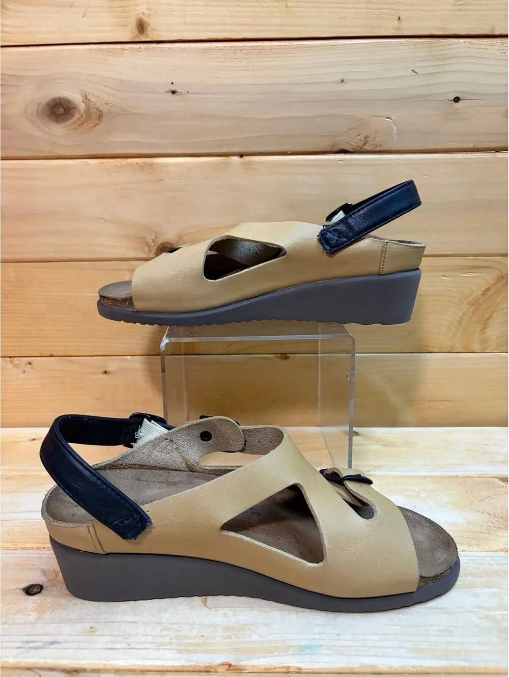 MEPHISTO Tan & Black Leather Wedge Elka Sandals Size 37 - Womens 7